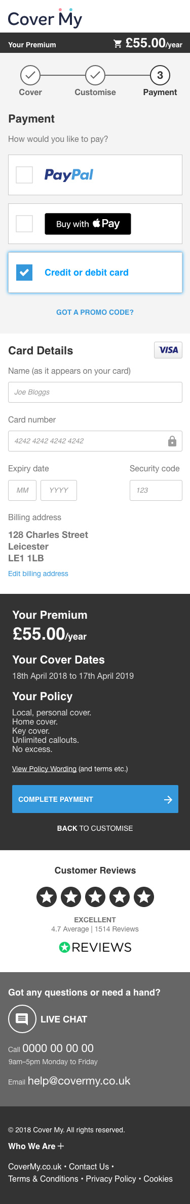 Cover My Breakdown payment (mobile)