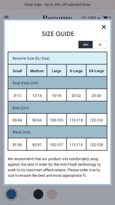 Become size guide (mobile)