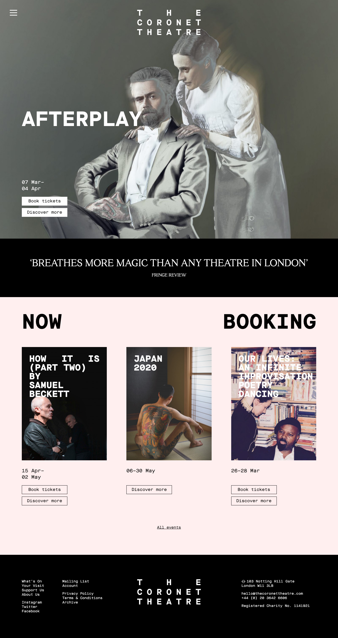 Coronet Theatre homepage (dekstop)