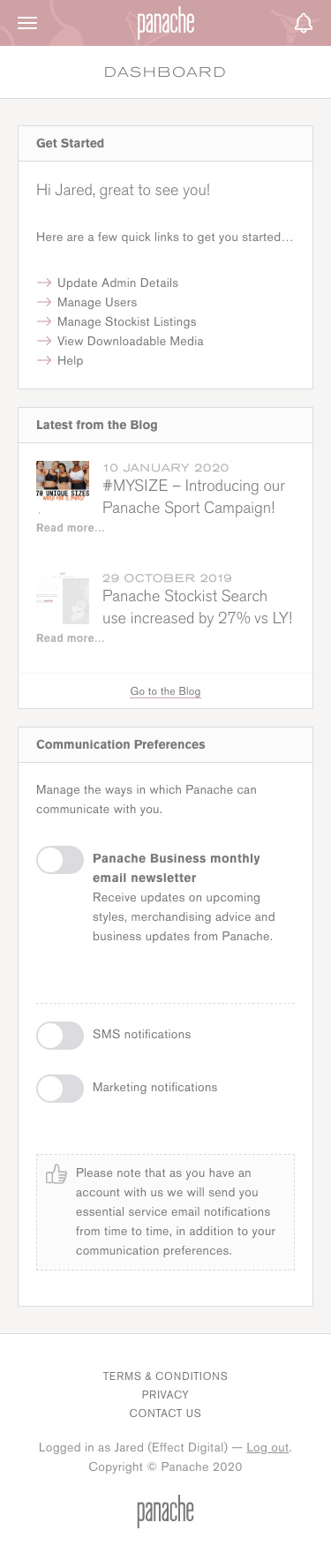 Panache Hub dashboard (mobile)